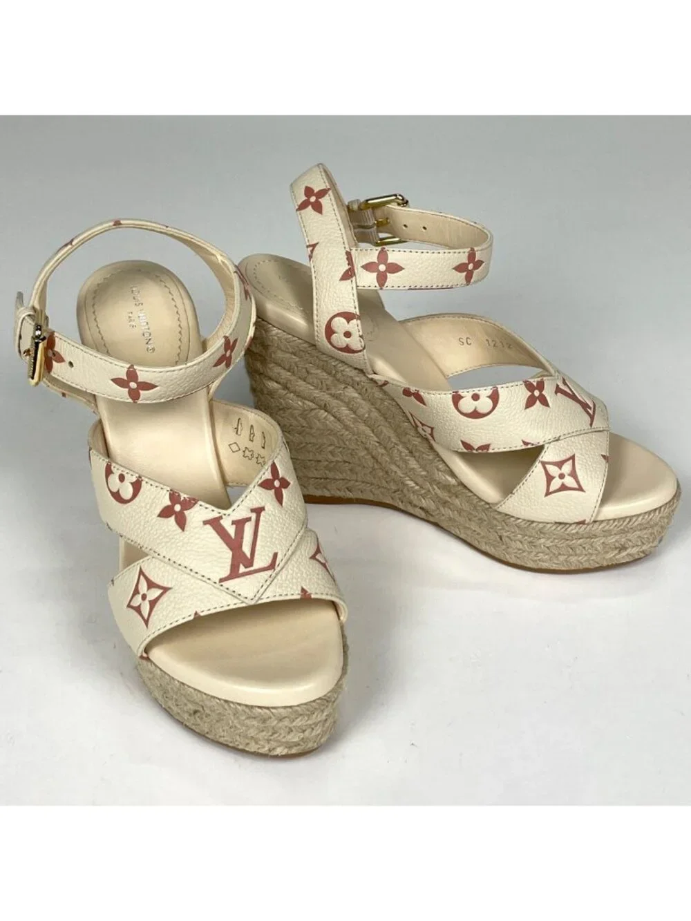 Louis Vuitton Star Board Sandals Shoes Logo Wedge Sole Leather Beige